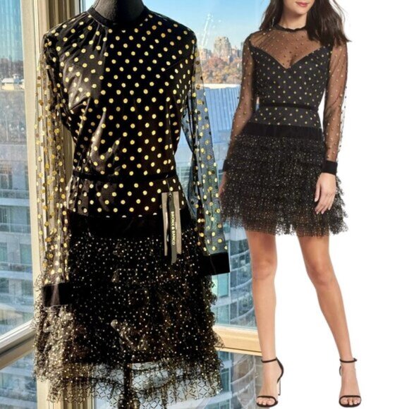 🆕 BRONX & BANCO 🧿 NWT Suns Mesh & Velvet Fit & Flare Mini Dress - Sz L - US 8 - Picture 1 of 16